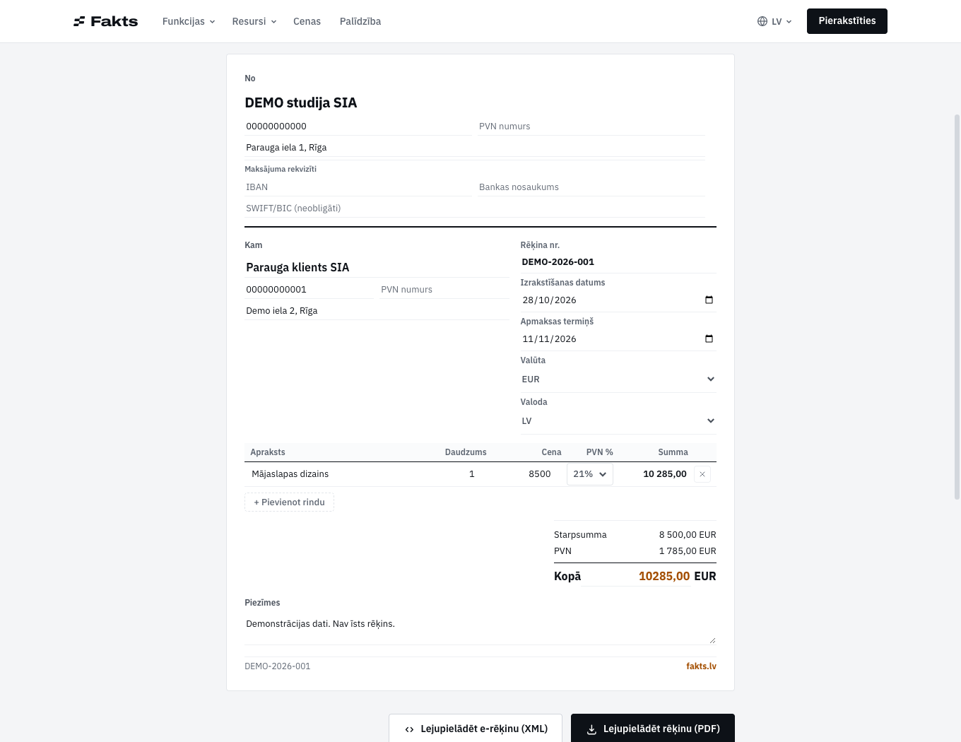 Fakts invoice builder with a fictional sample company and invoice
