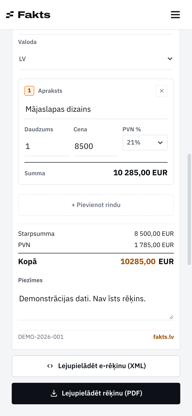 Fakts responsive invoice builder with sample line items and totals