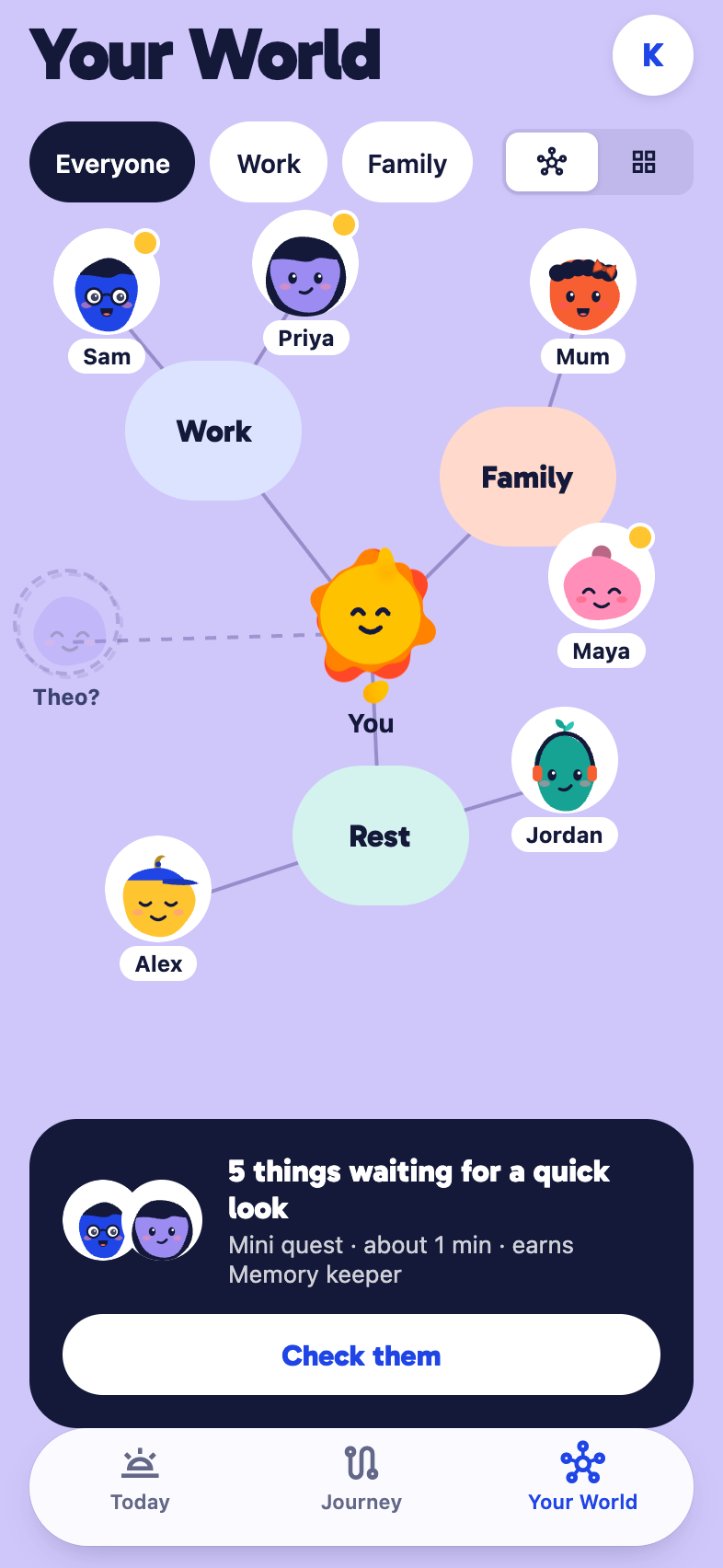Tinysun editable memory map with sample people, events and goals