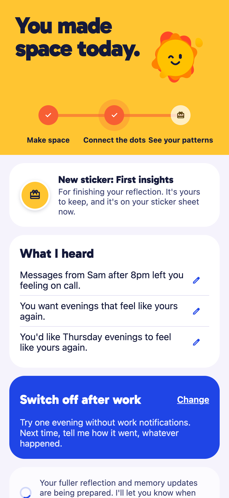Tinysun recap screen with sample reflections