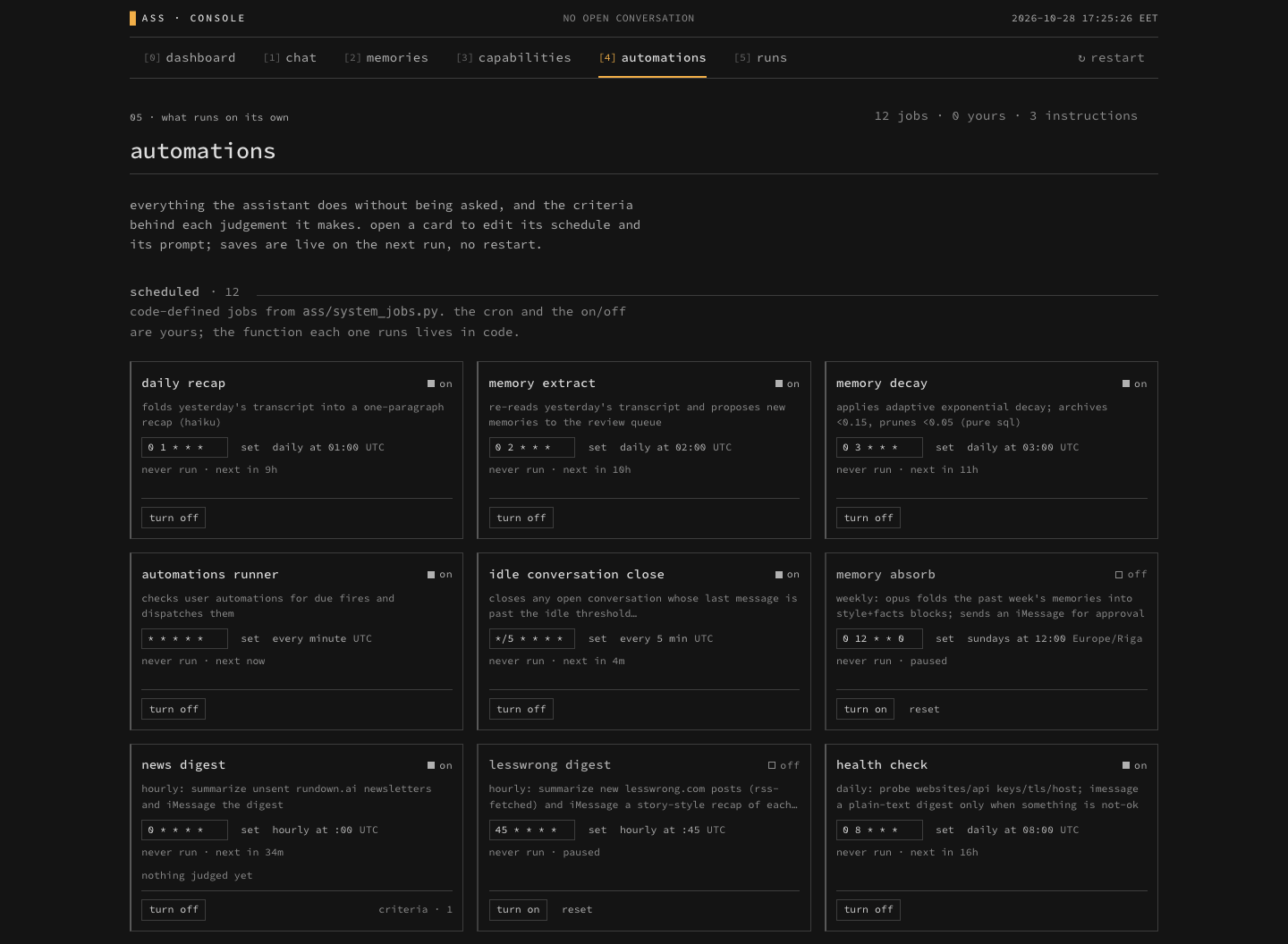 Earlier Assistant web admin with code-defined automations and an empty local database